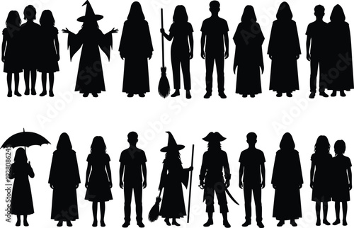 Black silhouette collection of children and teenagers in Halloween costumes including witch pirate and wizard isolated on white background for spooky holiday festive design
