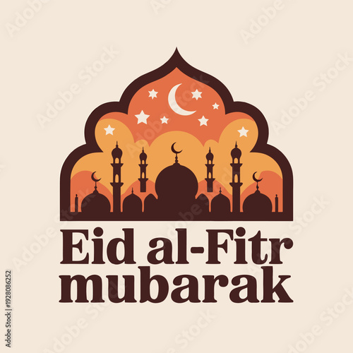 An eid al fitr mubarak graphic featuring a crescent moon stars and mosque silhouettes high quality