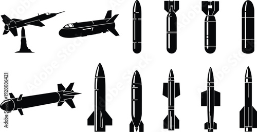 Missile silhouette vector, bomb icon illustration, military ordnance design, aerial weapon graphic, ballistic missile art, defense symbol, explosive silhouette emblem