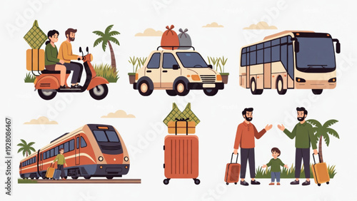 Flat Illustration Set of Eid Al-Fitr Mudik Transportation and Family