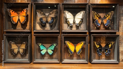 Preserved butterflies in wooden display cases