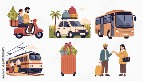 Muslim Family Eid Travel and Transportation Flat Icons Collection