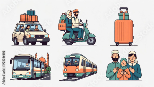Eid Holiday Travel Elements with Car, Bus, Train and Motorcycle
