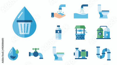 Set of flat design icons representing water conservation, purification and usage, concept for utility bills presentation, environmental infographics and plumbing services advertising