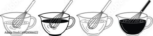 Mixing bowl with whisk icons set vector illustration, baking and cooking preparation symbols, kitchenware silhouettes for recipe and culinary design,