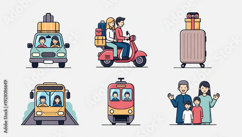Muslim Family Eid Travel and Transportation Flat Icons Collection