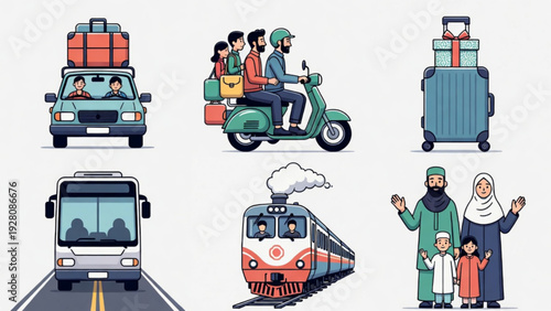 Eid Holiday Travel Elements with Car, Bus, Train and Motorcycle