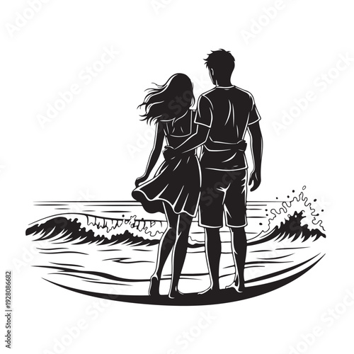 Romantic Couple Watching Ocean Waves Silhouette Beach Vector Illustration