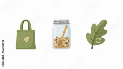 Set of green eco-friendly icons featuring a tote bag, jar with bamboo spoon and recycling leaf, concept for zero waste campaign, sustainable packaging design and environmental awareness promotion