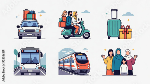 Eid Mubarak Travel and Family Illustration Set in Flat Design