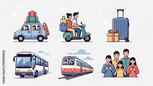 Eid Mubarak Travel and Family Illustration Set in Flat Design