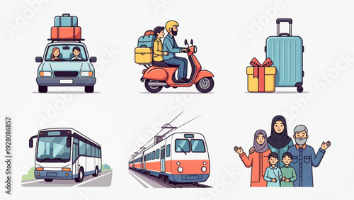 Eid Mubarak Travel and Family Illustration Set in Flat Design