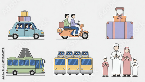 Eid Mubarak Travel and Family Illustration Set in Flat Design