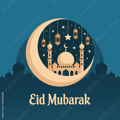 Festive eid mubarak illustration featuring a crescent moon mosque and hanging lanterns high quality professional detailed