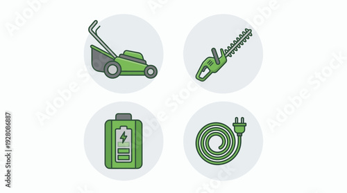 Set of four green icons featuring a lawn mower, hedge trimmer, battery and power cord, concept for gardening equipment manuals, eco-friendly tools marketing and outdoor maintenance guides
