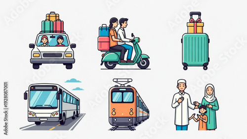 Islamic Holiday Transportation and Family Flat Illustration Pack