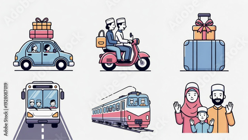 Eid Mubarak Travel and Family Illustration Set in Flat Design