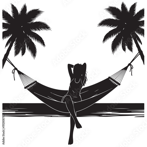 Woman Relaxing on Hammock Between Palm Trees Tropical Beach Silhouette