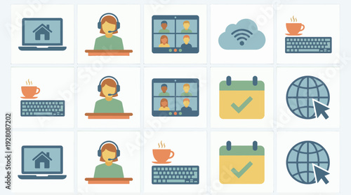 Set of remote work and digital communication icons including home office laptop, support agent, video conference and schedule concept for virtual meeting, telecommuting and online business