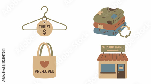 Collection of flat design icons representing thrift store concepts like secondhand clothing, pre-loved bags and price tags, concept for sustainability marketing
