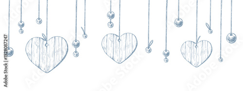 Wooden hearts and beads suspended on strings. Hand-drawn ink graphic line art illustration. Seamless minimalist border pattern in pastel colors for wedding and event decor and design.