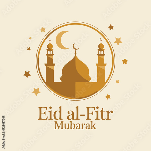 A golden eid al fitr mubarak graphic featuring a crescent moon mosque and decorative stars