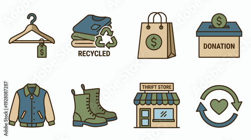 Set of flat line icons illustrating thrift store items like clothes, boots, hanger and donation box, concept for retail service, sustainable fashion business and charity organization promotion