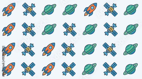 Seamless pattern of cartoon space rockets, satellites and ringed planets icons on white background, concept for web design background, science project illustration and technology wallpaper