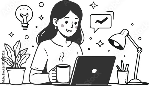 Young woman working on laptop at home flat vector illustration