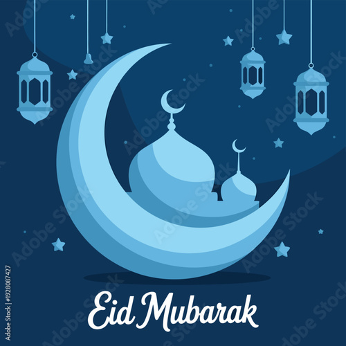 A stylized illustration depicting a crescent moon mosque and lanterns for eid mubarak celebrations high quality
