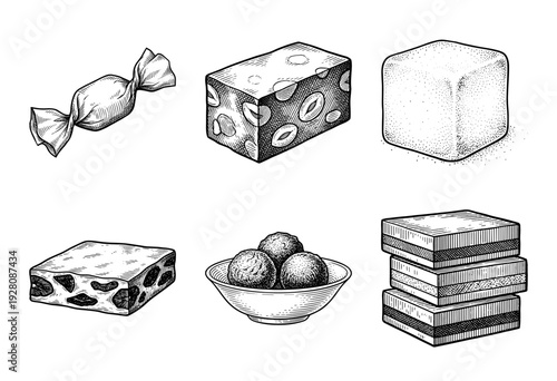 Vintage engraving style collection of assorted traditional sweets including nougat candy and truffles on white