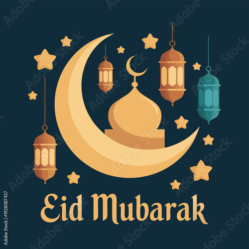 A festive eid mubarak illustration featuring a crescent moon stars and ornate hanging lanterns high quality
