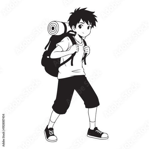 Anime Boy Camper with Backpack Vector Illustration Young Traveler Hiking Adventure Character