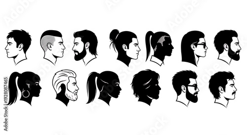 Set of modern male and female profile head silhouettes with various hairstyles, concept for barber shop presentation, cosmetic ads and fashion design