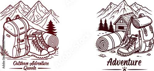 Set of Vintage Style Hiking Illustrations Featuring Backpacks, Boots, Bedrolls, and Mountain Landscapes