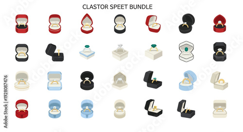 Collection of various diamond engagement ring boxes in isometric vector illustration, concept for jewelry retail display, luxury proposal graphic and wedding invitation design