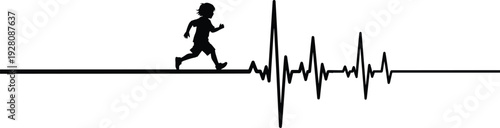 Silhouette of child running on thin line with ecg heartbeat waveform