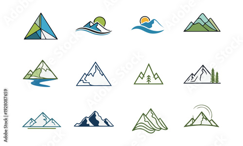 Collection of stylized mountain logos with varied designs and abstract representations on a clean background