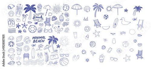 Minimal Beach Doodle Icons Set, Hand Drawn Summer Line Art Vector Collection with Palm Trees, Seashells and Ocean Elements
