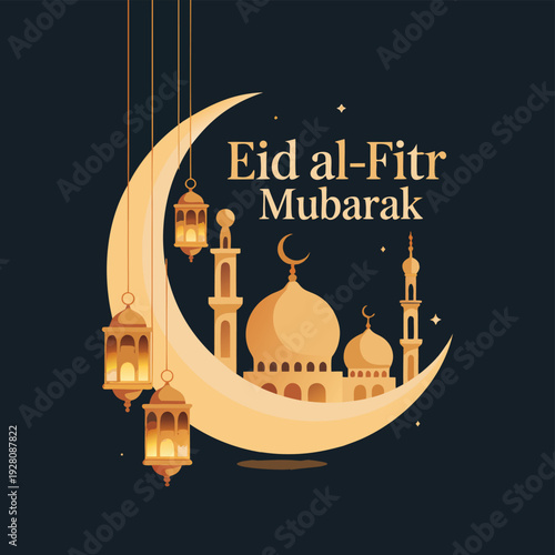 Eid al fitr mubarak greeting with a crescent moon lanterns and a mosque silhouette high quality