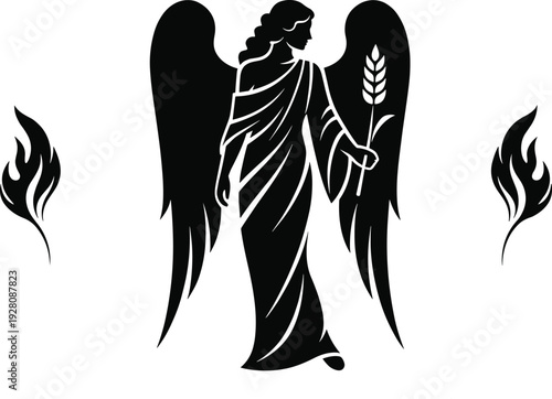 Black silhouette of celestial winged goddess holding wheat stalk representing Virgo zodiac sign and harvest fertility isolated on white background for mystical vector design