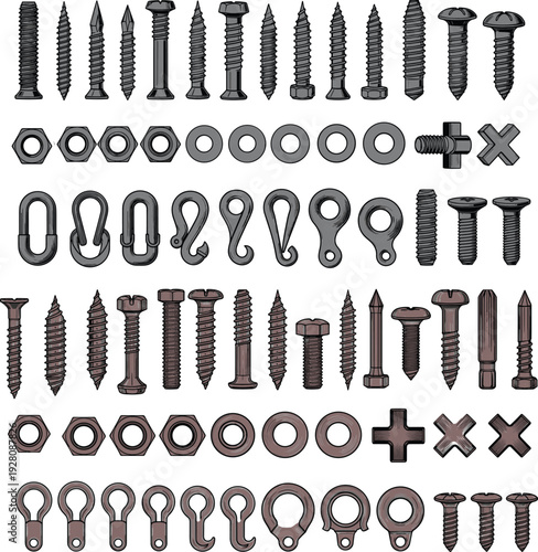 Collection of screws, bolts, nuts, washers, and hooks, organized hardware artwork symbolizing construction, mechanical assembly, and DIY projects