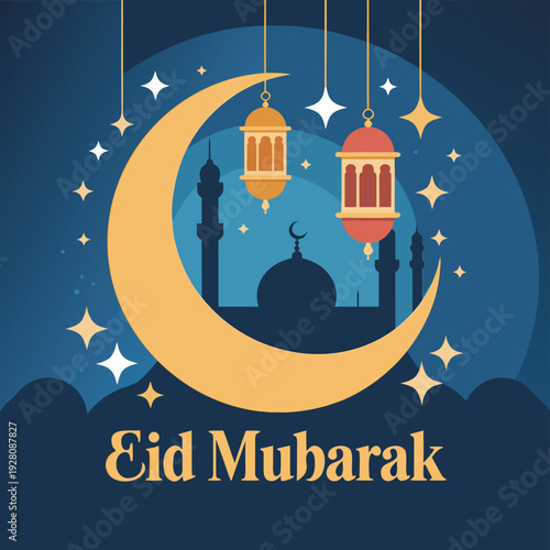 A festive eid mubarak illustration featuring a crescent moon lanterns and a mosque silhouette high quality
