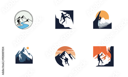 Collection of mountain climber logos showcasing various designs and silhouettes in different settings
