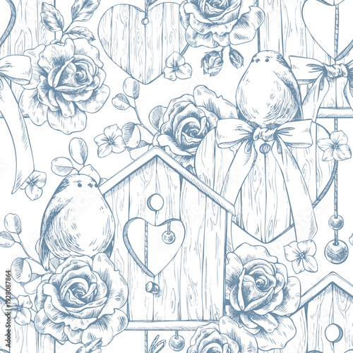 Birdhouses with birds, roses, bows, and hearts. Hand-drawn ink graphic line art illustration. Romantic seamless pattern in pastel colors for wedding and holiday decor and design.