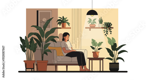 Woman Relaxing on Sofa with Plants.