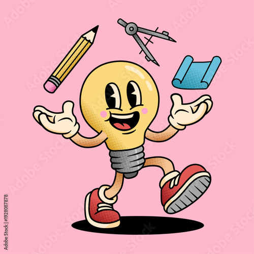 Retro Rubber Hose Lightbulb Character Juggling Drafting Tools Vintage Blueprint Style Vector Illustration