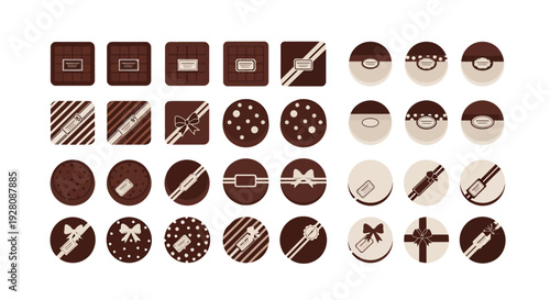 Collection of chocolate bar and round gift box icons with ribbons and labels, concept for confectionery packaging design, sweet product promotion and gourmet food marketing