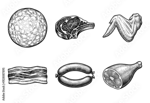 Vintage engraving style collection of meat products including steak chicken wing bacon sausages and ham leg on a white surface