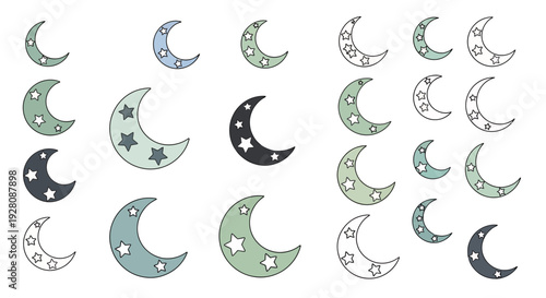 Set of various colored crescent moon and star icons in modern flat design, concept for nursery decoration, celestial textile pattern and kids book illustration